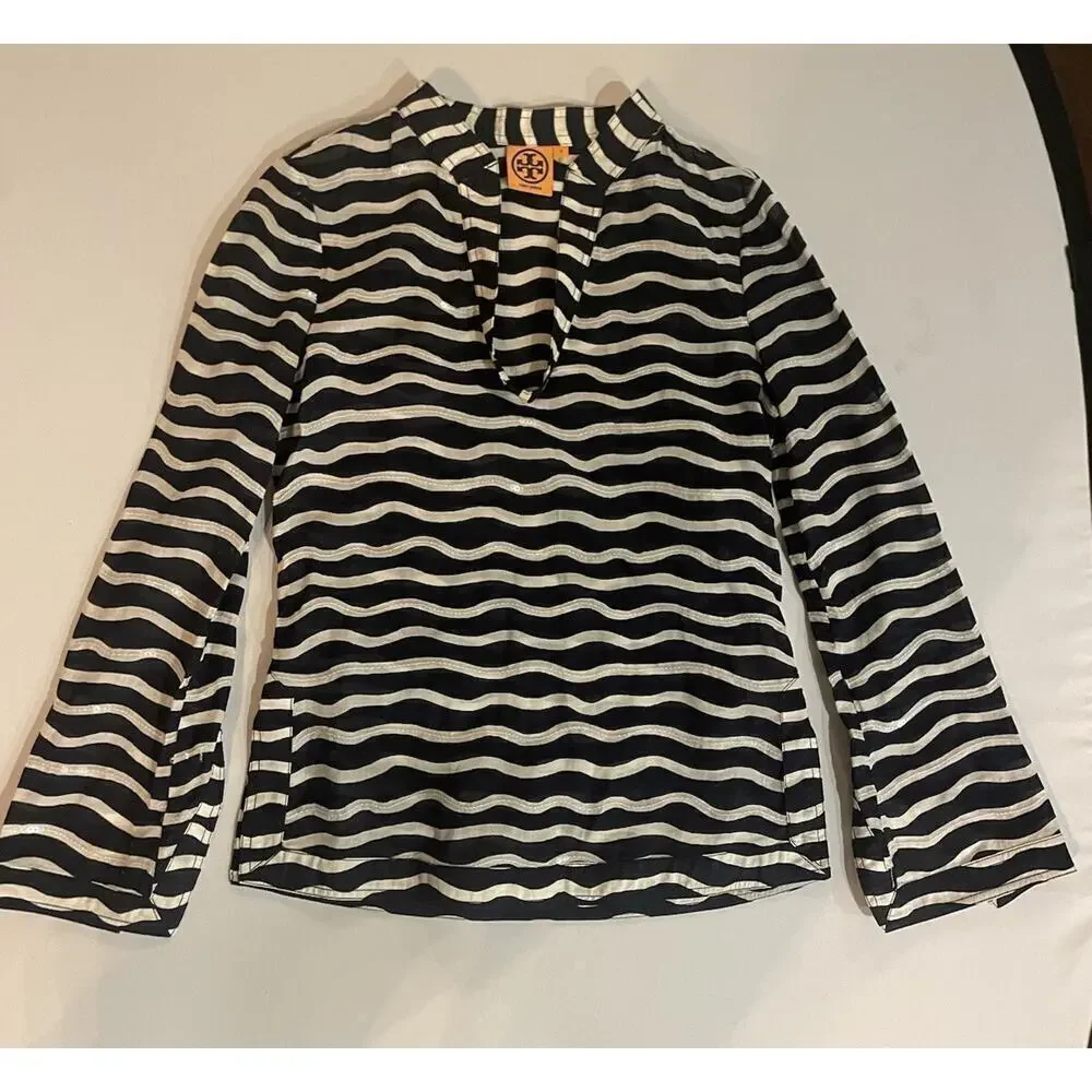 Tory Burch Sequined Tunic Top Navy White Striped Long Sleeve Blouse Popover 2 XS